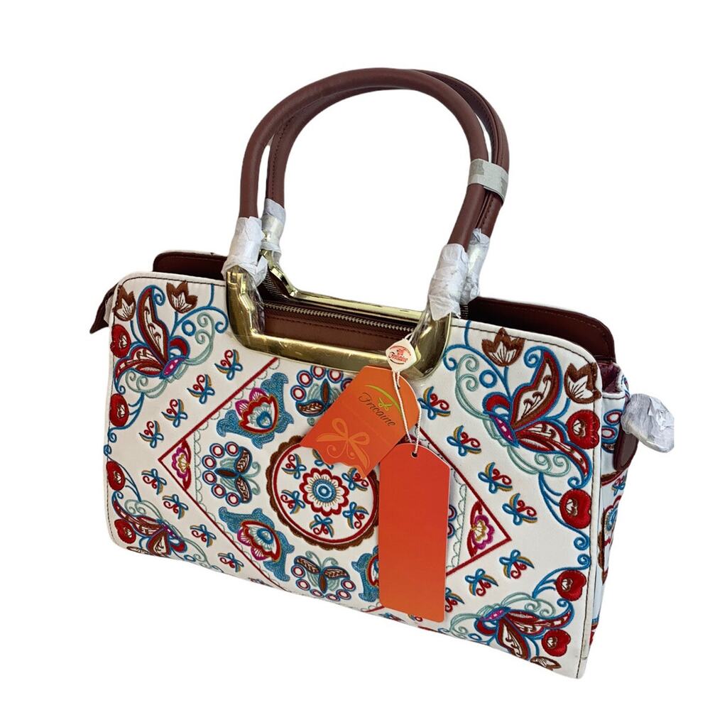 NEW Fricaine Treasure Brown Satchel Bag Turquoise Red Embroidered Purse Handbag